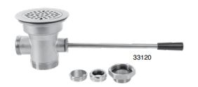 Chrome sink drain assembly with lever handle and 3-inch opening components displayed.