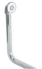 Chrome sink overflow assembly with curved tube and circular showerhead spray opening.