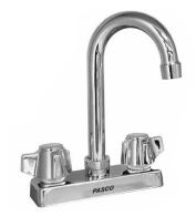 Chrome wall-mounted faucet with dual handles and curved gooseneck spout.