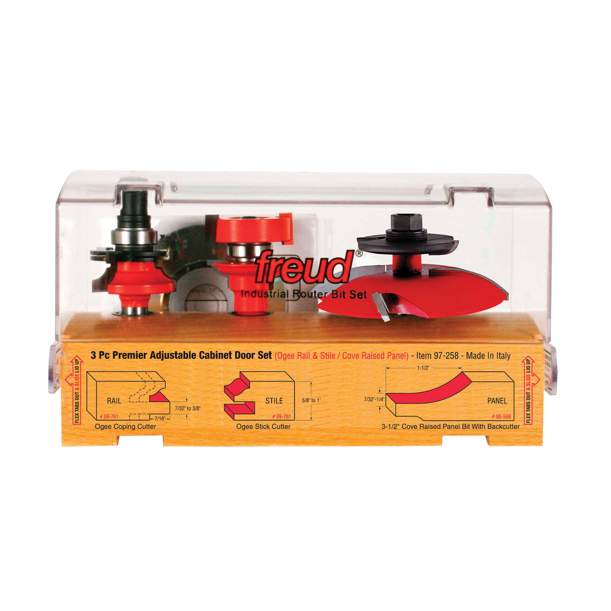 Three red and black router bits with adjustment mechanisms displayed in clear plastic case with wooden base showing specifica