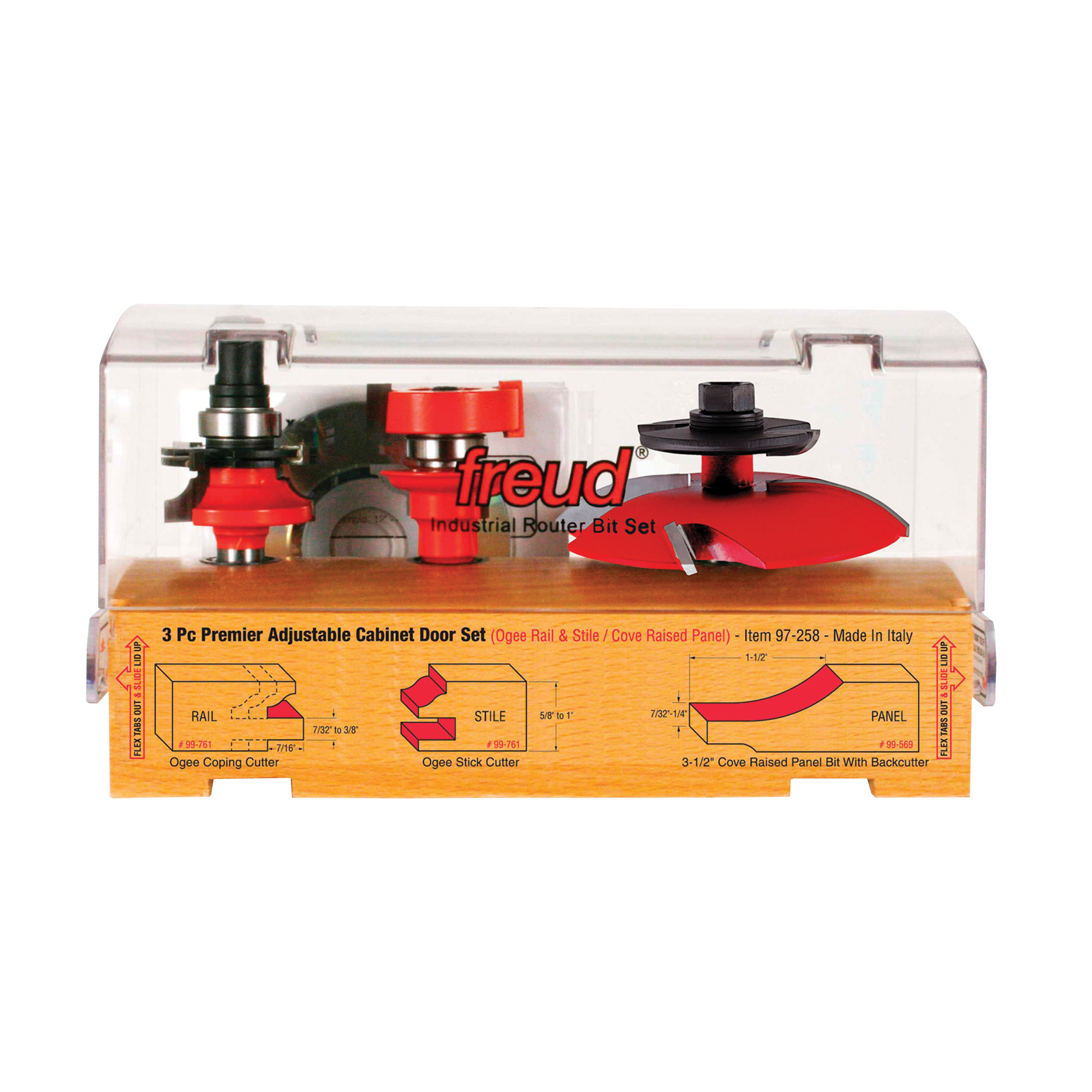 Three red and black router bits with adjustment mechanisms displayed in clear plastic case with wooden base showing specifica
