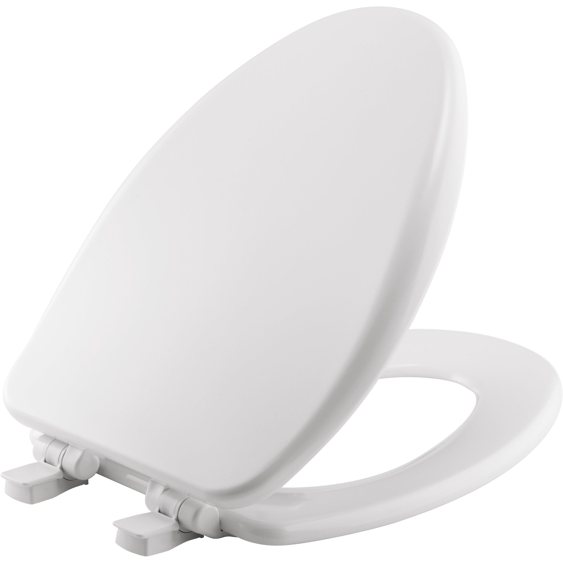 White elongated toilet seat with enameled wood construction and metal hinges.