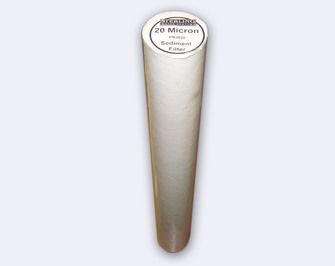 White cylindrical filter cartridge with grooved surface and "10 Micron" label on top.