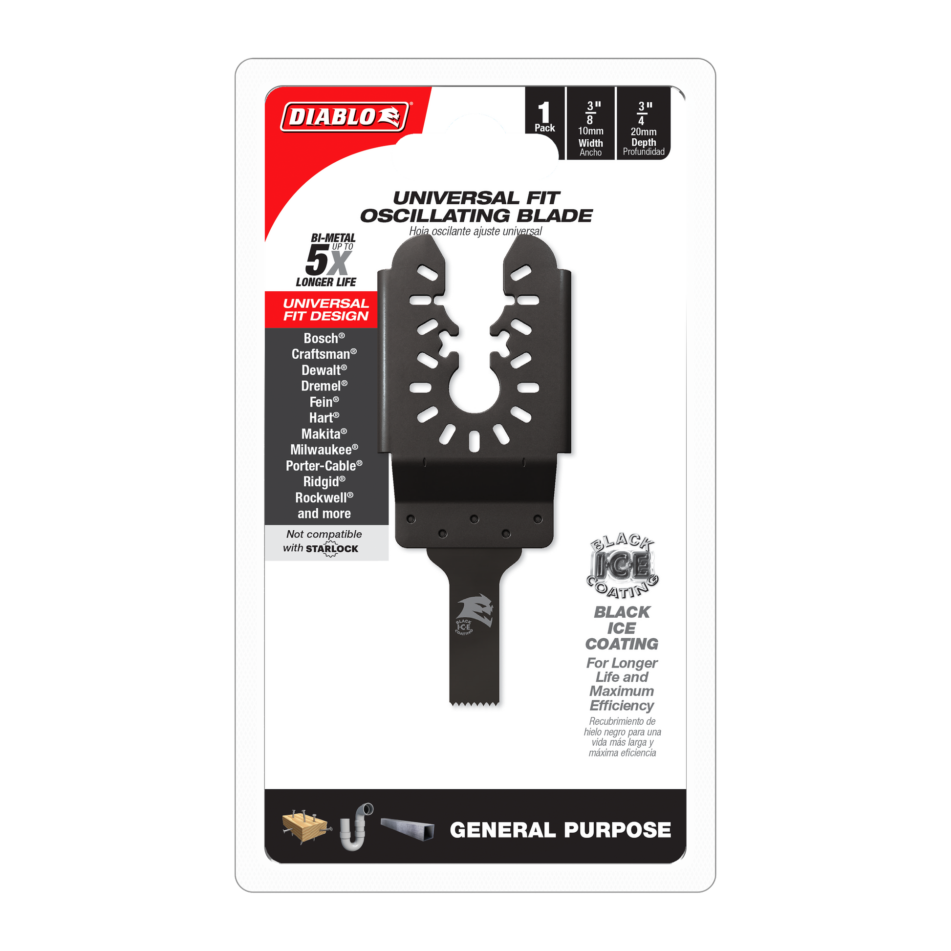Black bi-metal oscillating blade with universal fit design and serrated cutting edge, labeled for general purpose cuts.