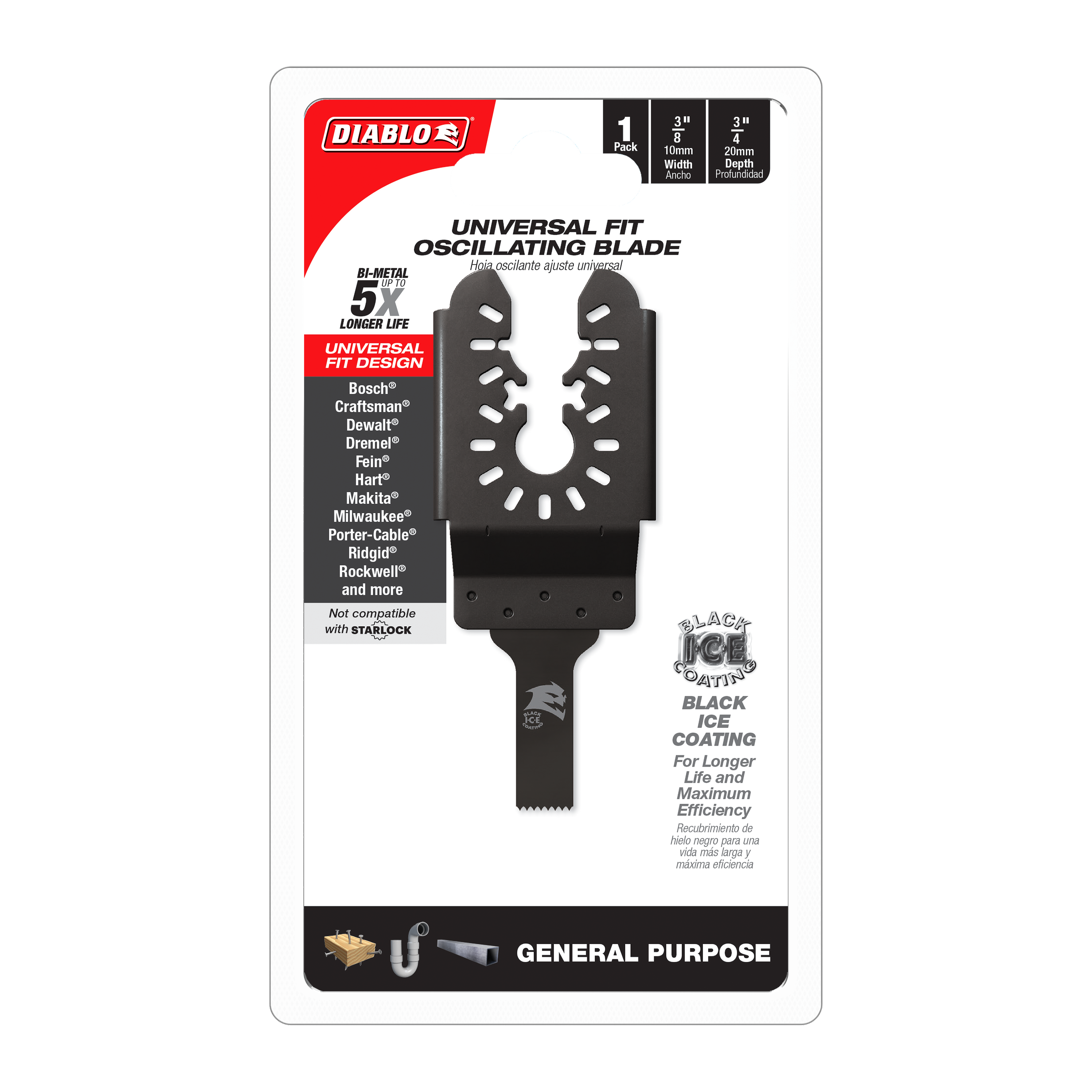 Black bi-metal oscillating blade with universal fit design and serrated cutting edge, labeled for general purpose cuts.