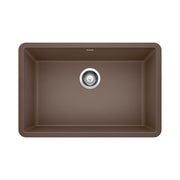 Cafe brown single bowl undermount kitchen sink with chrome drain strainer and rounded corners.