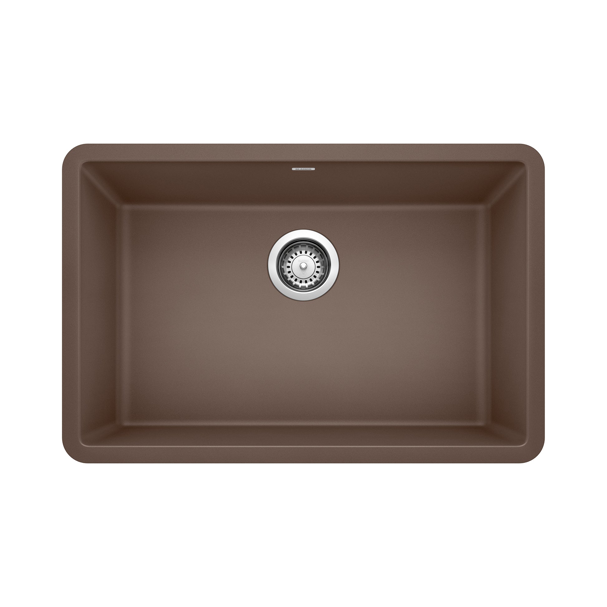 Cafe brown single bowl undermount kitchen sink with chrome drain strainer and rounded corners.