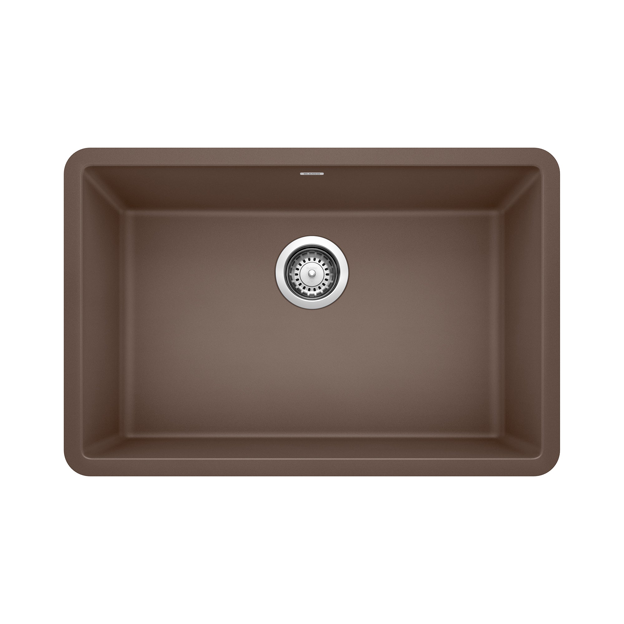 Cafe brown single bowl undermount kitchen sink with chrome drain strainer and rounded corners.