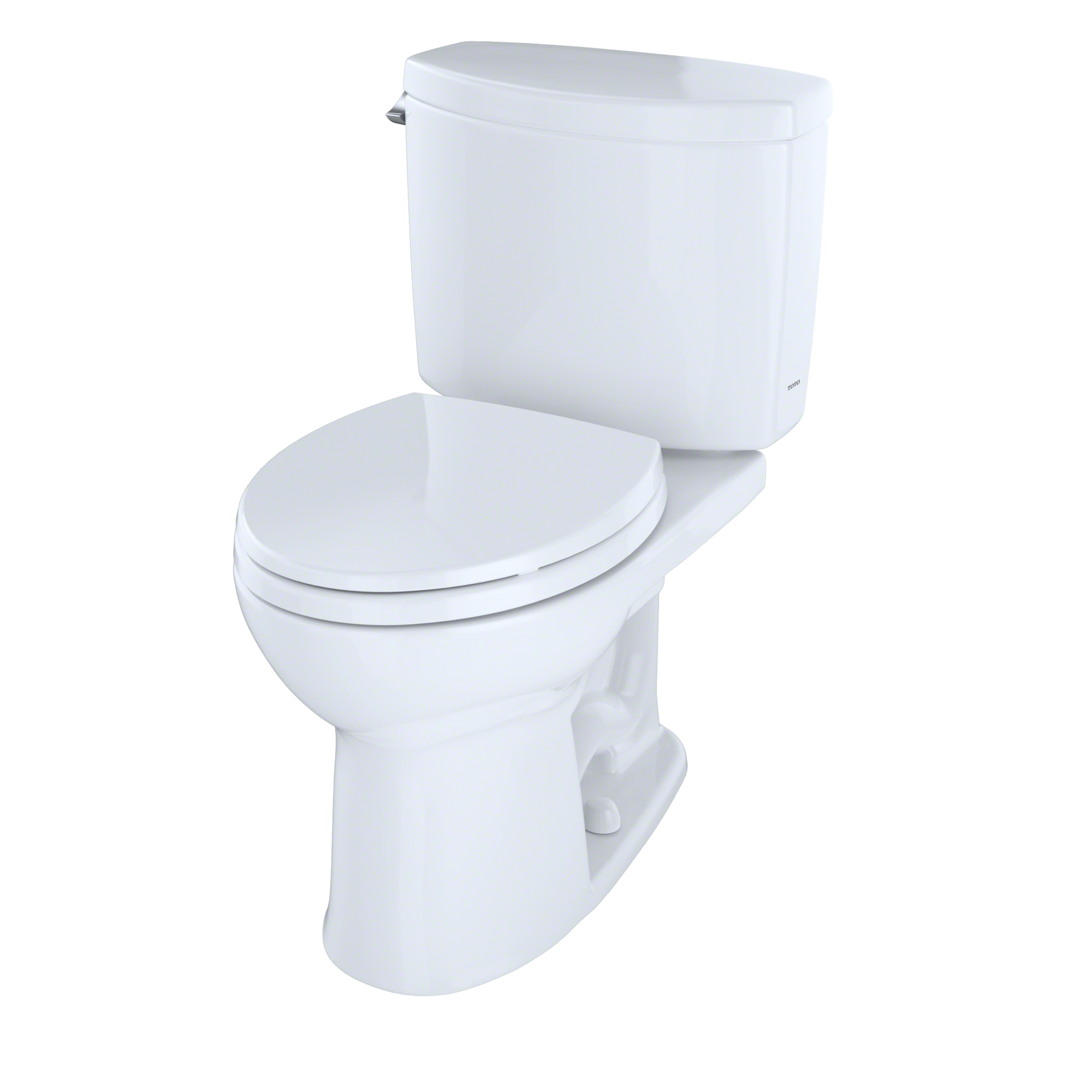 White two-piece round toilet with closed seat and tank viewed from the side angle.
