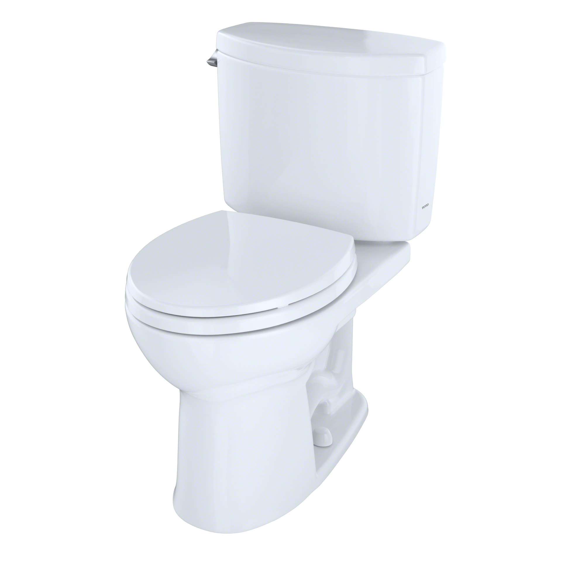 White two-piece round toilet with closed seat and tank, angled view against white background.