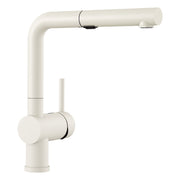 White pull-out kitchen faucet with angular spout and cylindrical handle with black accent band.