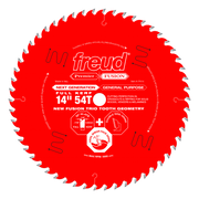Red circular saw blade with 54 teeth and center arbor hole, labeled Freud Premier Fusion for general purpose cutting.