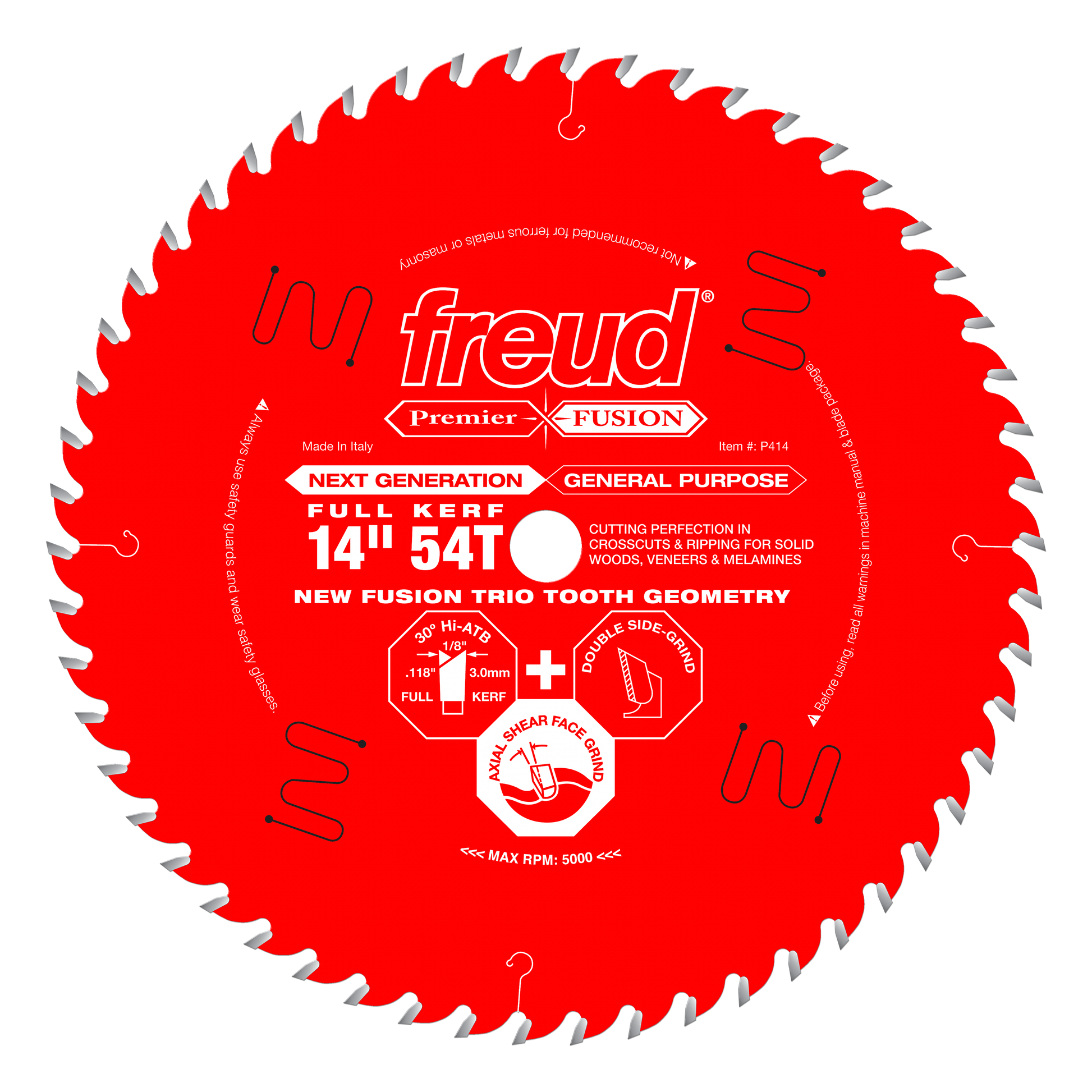 Red circular saw blade with 54 teeth and center arbor hole, labeled Freud Premier Fusion for general purpose cutting.