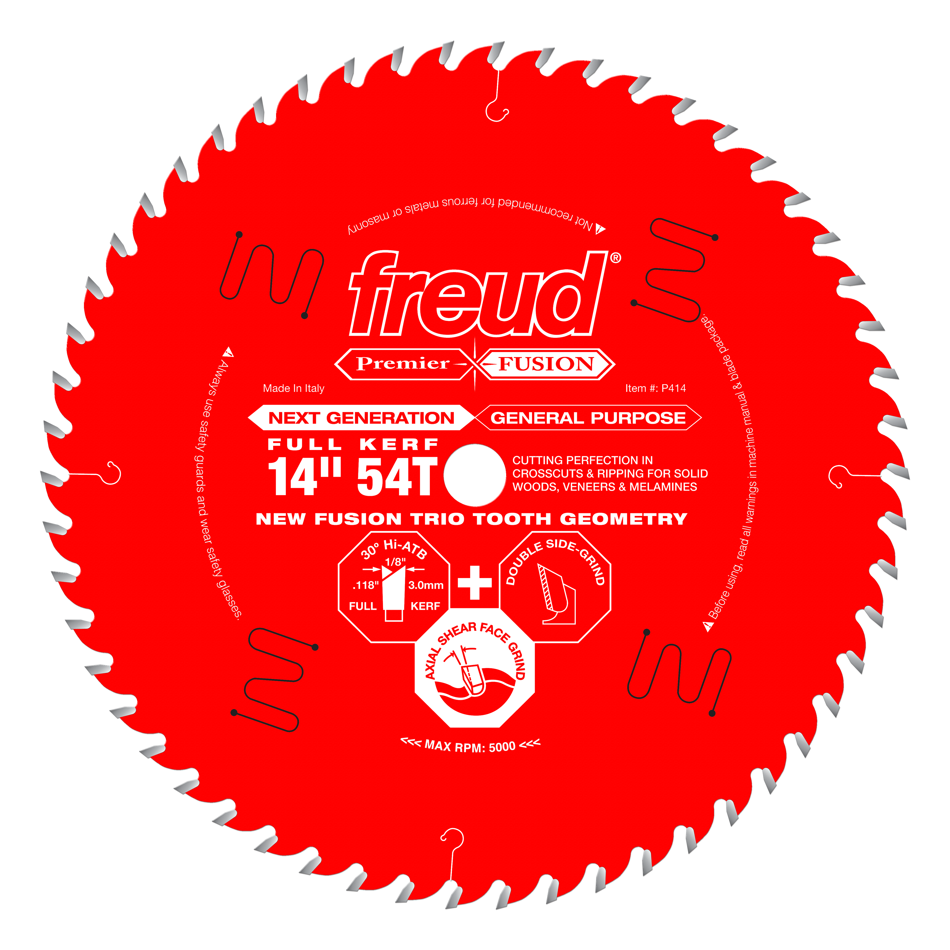 Red circular saw blade with 54 teeth and center arbor hole, labeled Freud Premier Fusion for general purpose cutting.