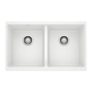 White undermount kitchen sink with two equal rectangular bowls and chrome drain baskets.