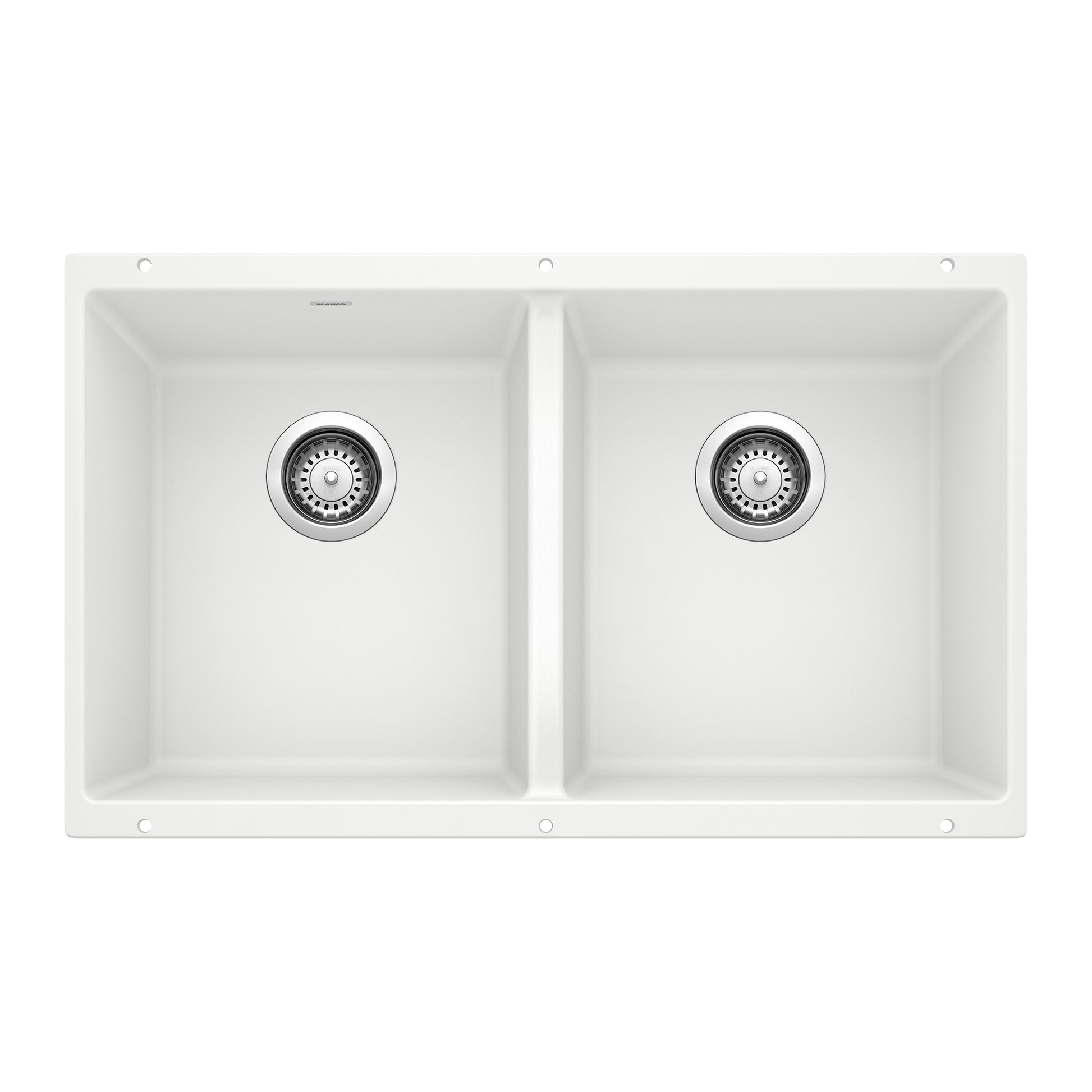 White undermount kitchen sink with two equal rectangular bowls and chrome drain baskets.