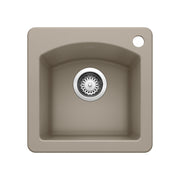 Truffle-colored composite bar sink with single basin, rounded corners, and chrome drain strainer, viewed from above.