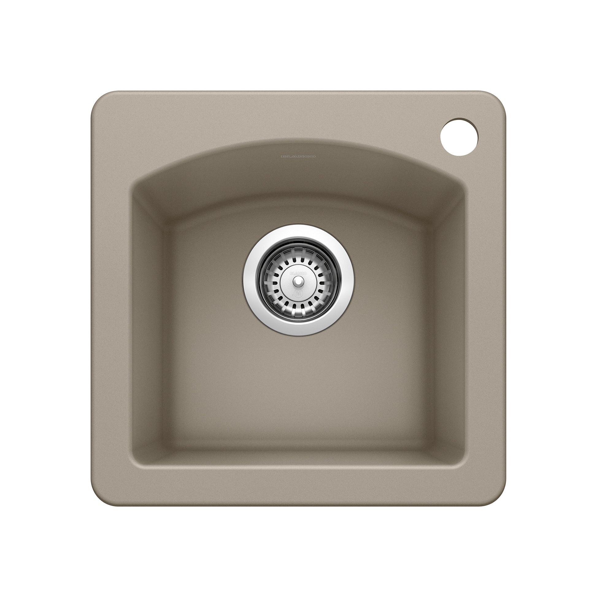 Truffle-colored composite bar sink with single basin, rounded corners, and chrome drain strainer, viewed from above.