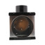 Black square bathroom exhaust fan with round copper-colored damper vent mounted on white wall.