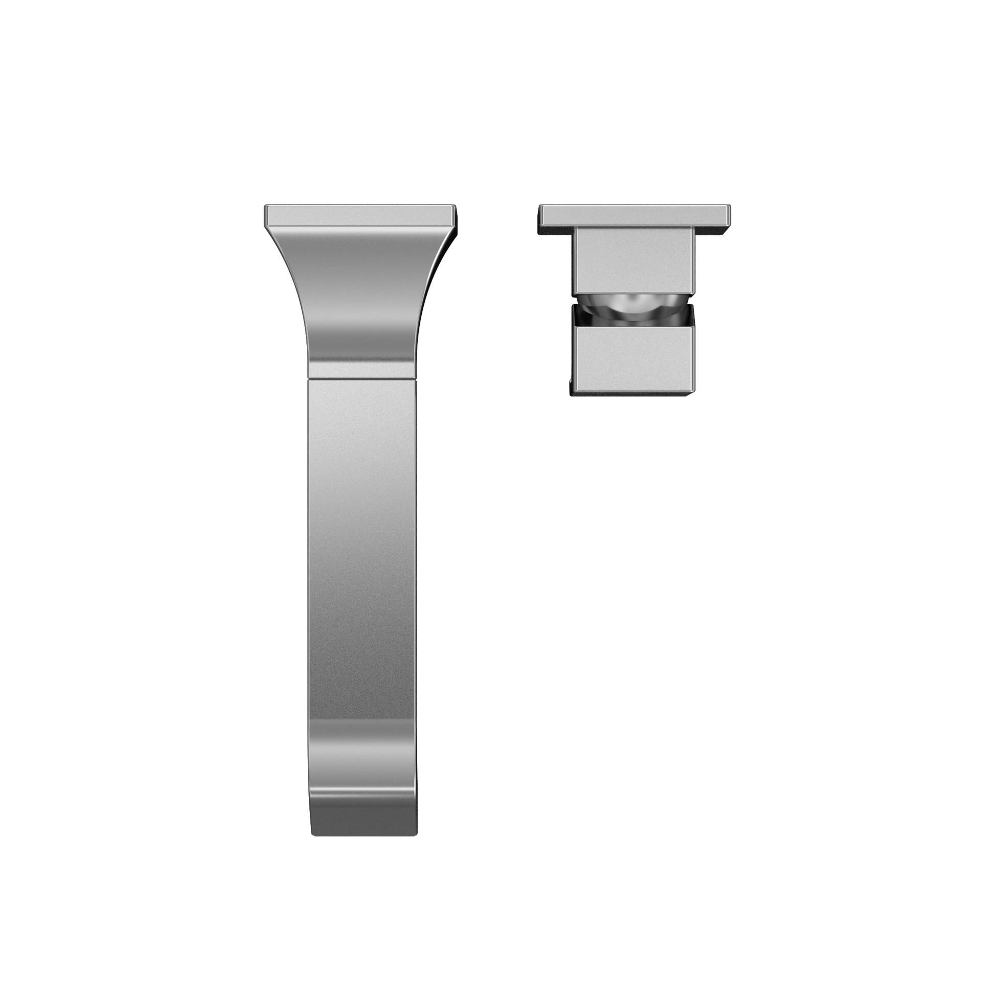 Polished chrome wall-mount bathroom faucet with single-handle lever and tall tapered spout, shown with mounting bracket.