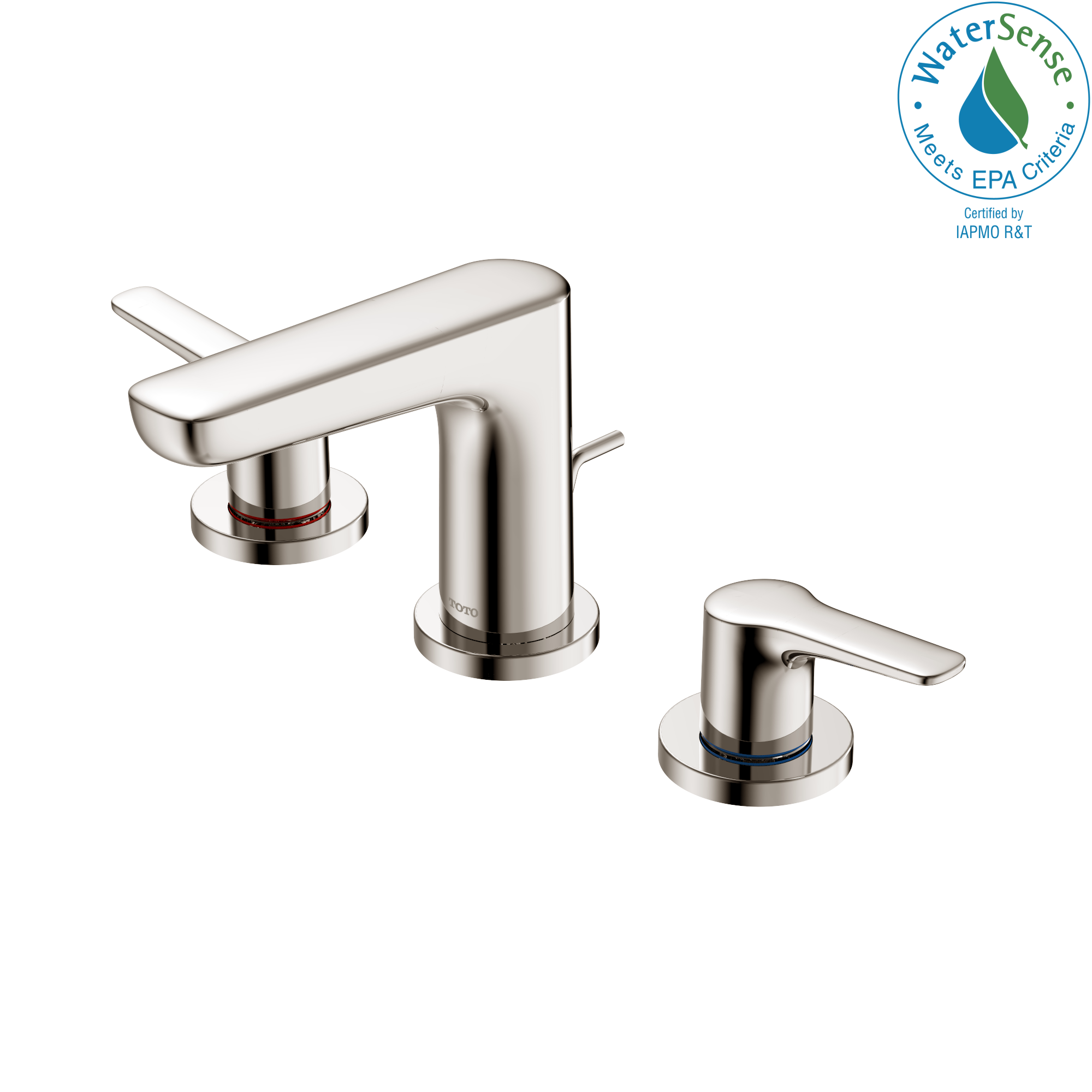 Polished nickel widespread bathroom sink faucet with two lever handles and curved spout.