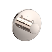 Round polished nickel shower valve trim with cylindrical handle and two outlet ports on circular escutcheon plate.