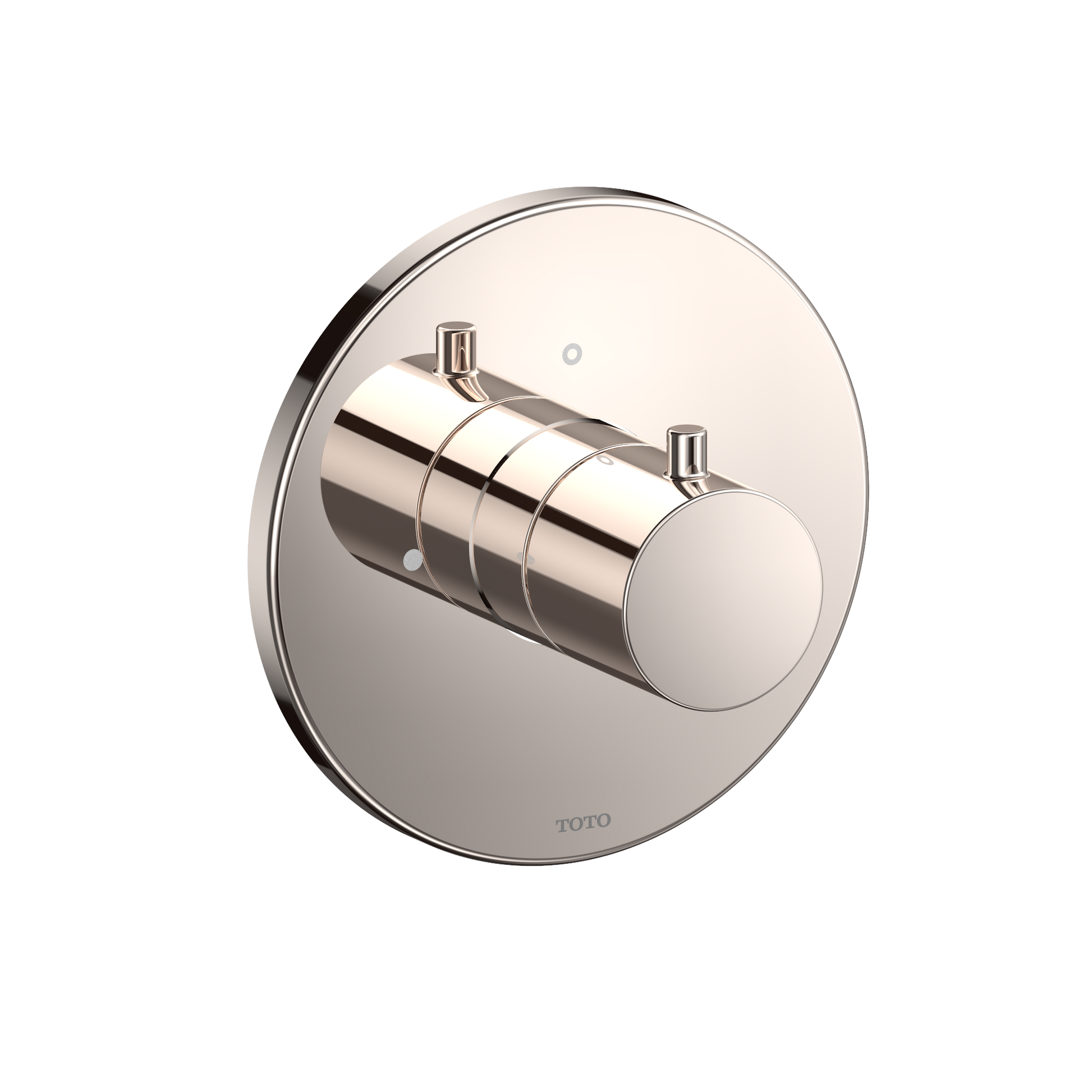 Round polished nickel shower valve trim with cylindrical handle and two outlet ports on circular escutcheon plate.