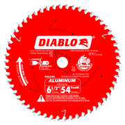 Red circular saw blade with 54 carbide teeth, white center arbor hole, and Diablo branding on face.