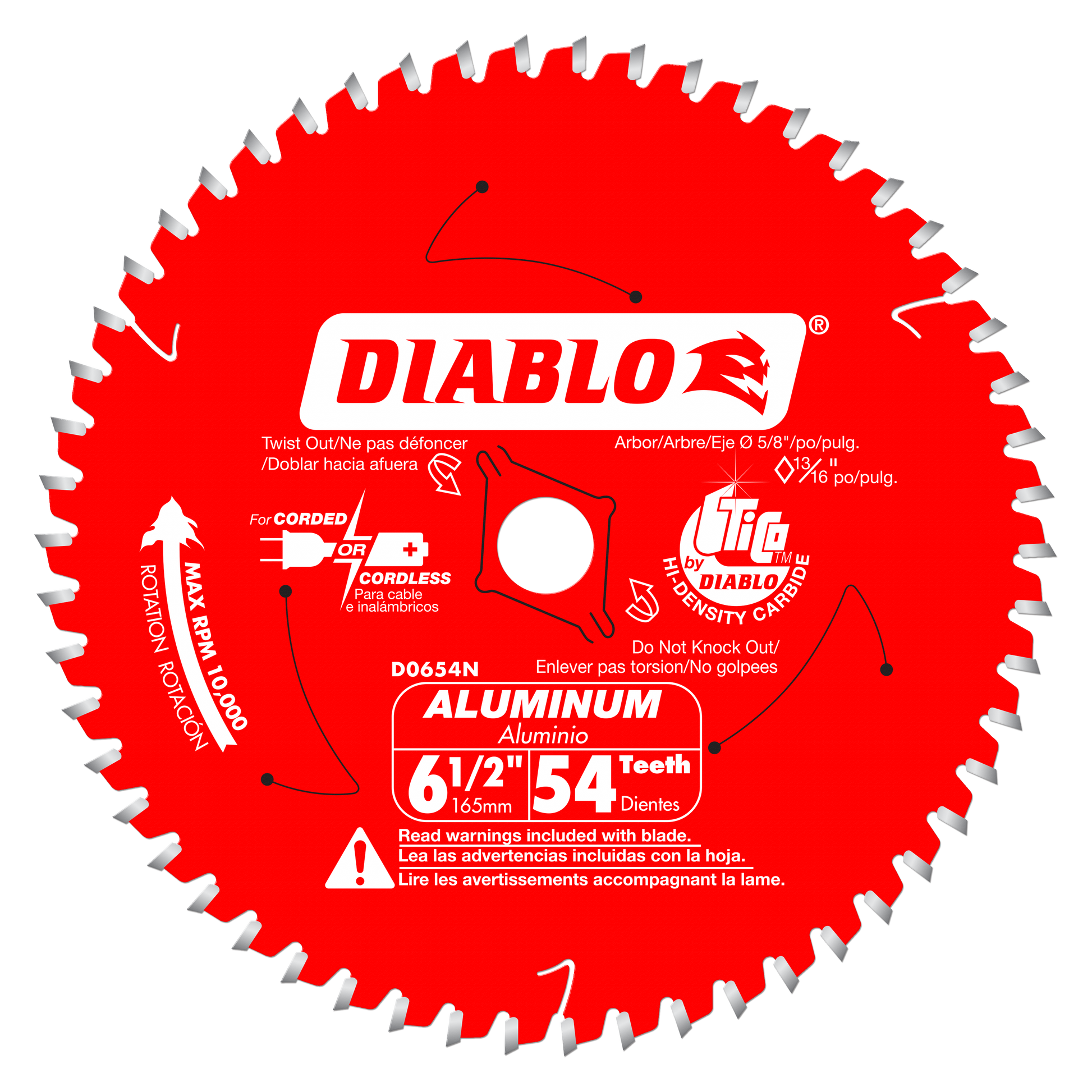 Red circular saw blade with 54 carbide teeth, white center arbor hole, and Diablo branding on face.