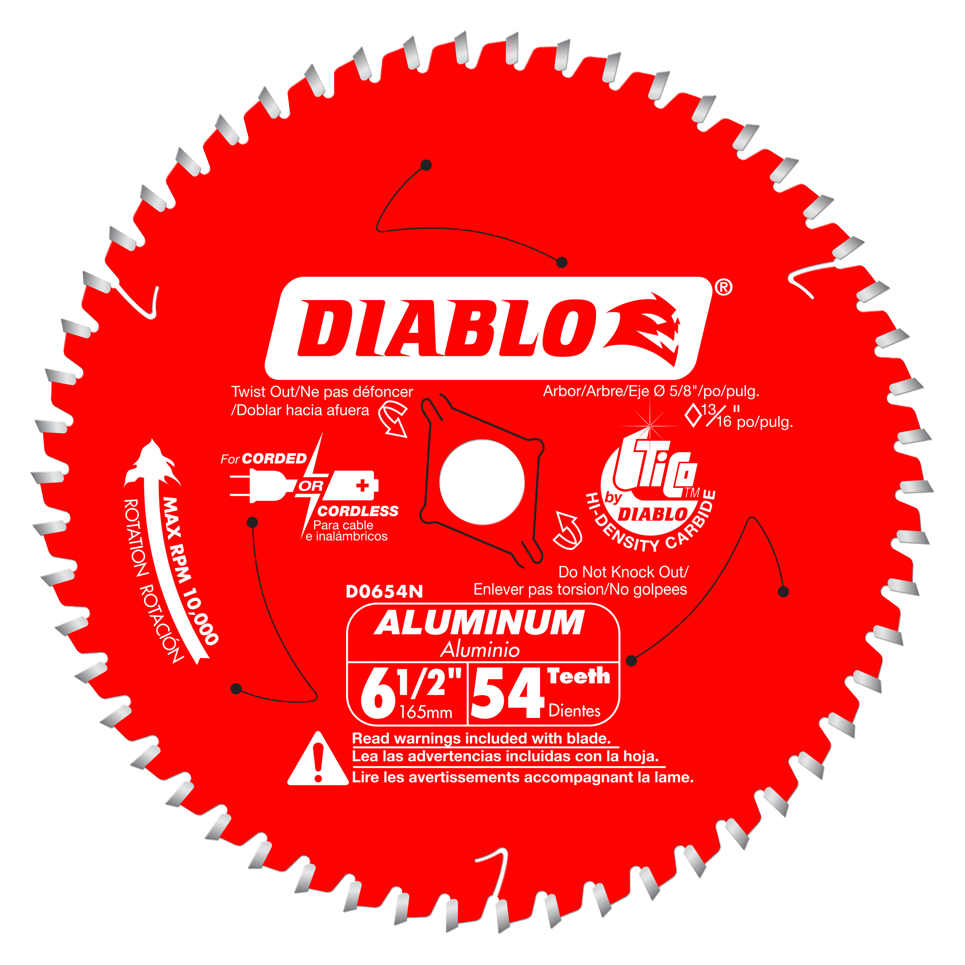 Red circular saw blade with 54 carbide teeth, white center arbor hole, and Diablo branding on face.