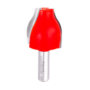 Red vertical raised panel router bit with silver shank and Freud branding on handle.