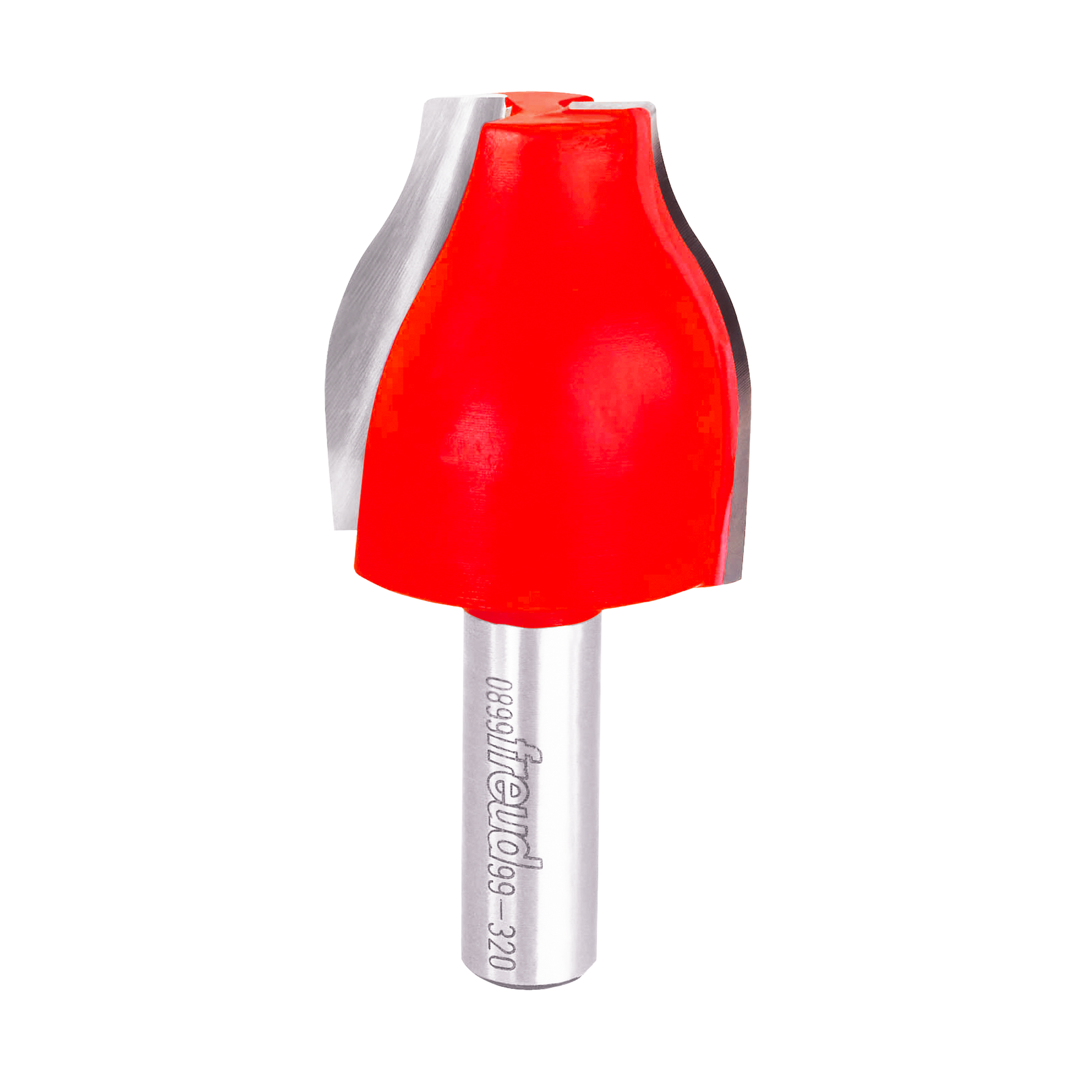Red vertical raised panel router bit with silver shank and Freud branding on handle.