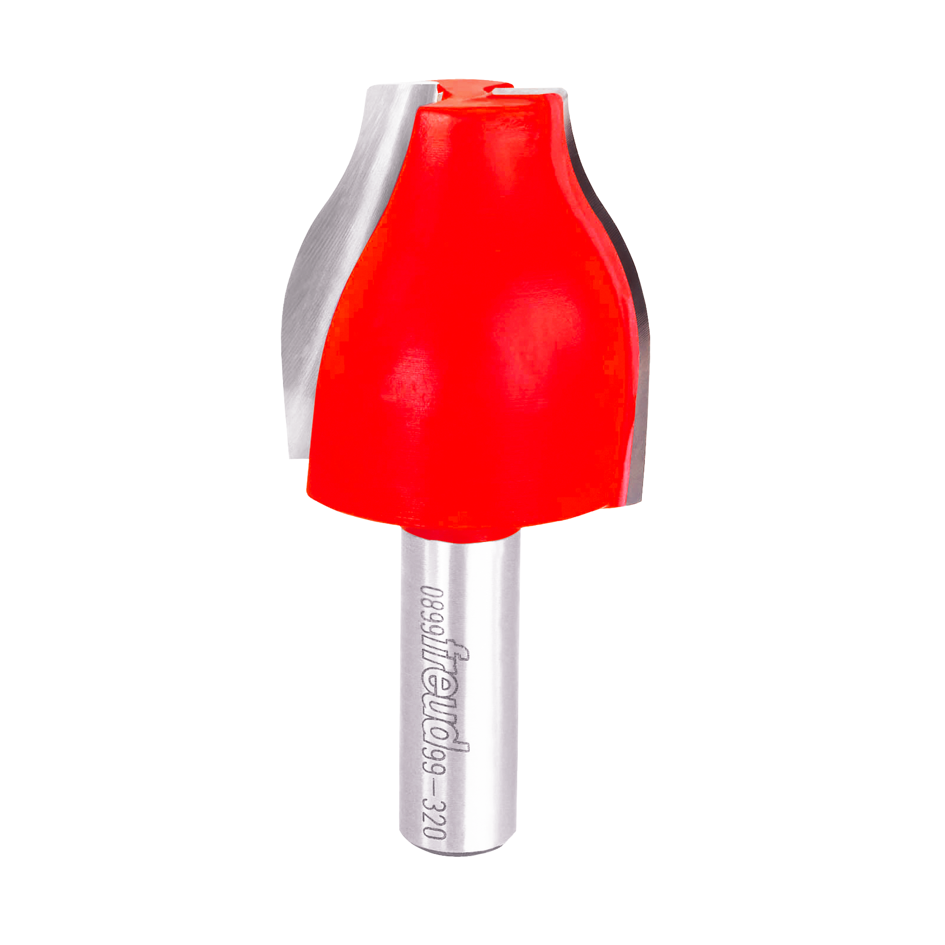 Red vertical raised panel router bit with silver shank and Freud branding on handle.