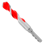 Red and gray carbide-tipped hammer drill bit with spiral flutes and hexagonal shank.
