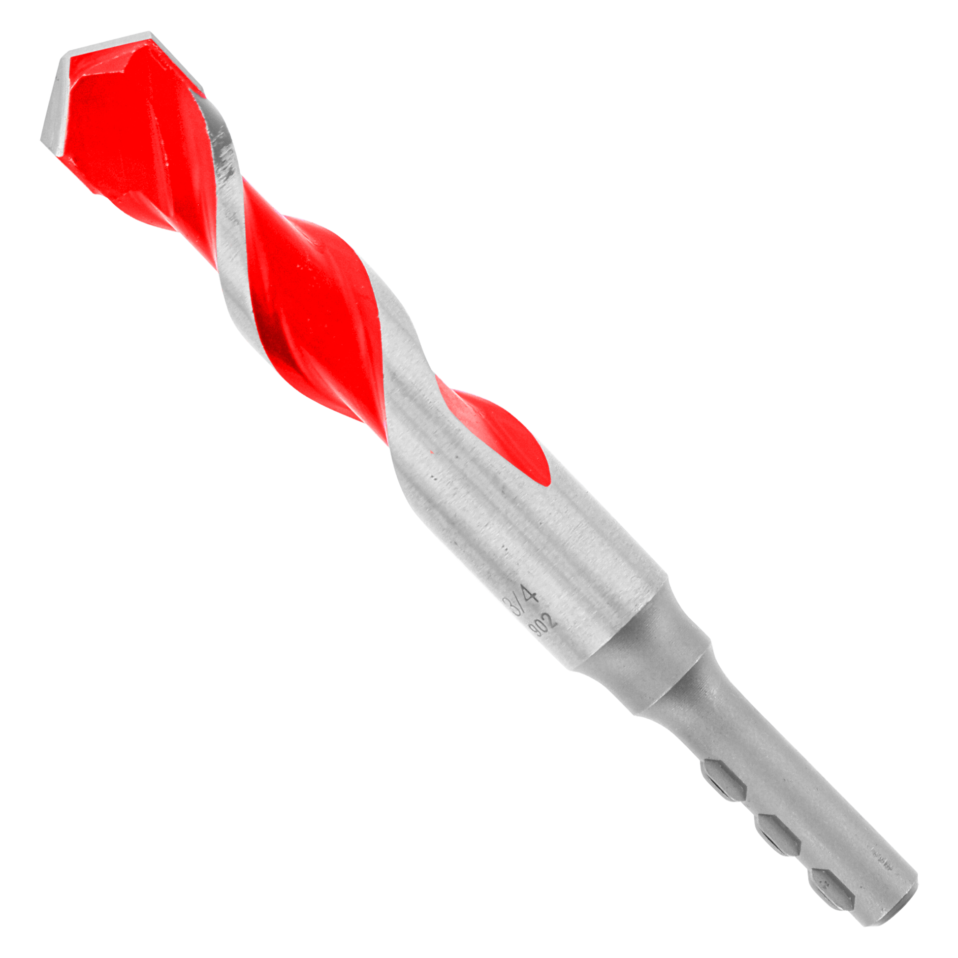 Red and gray carbide-tipped hammer drill bit with spiral flutes and hexagonal shank.