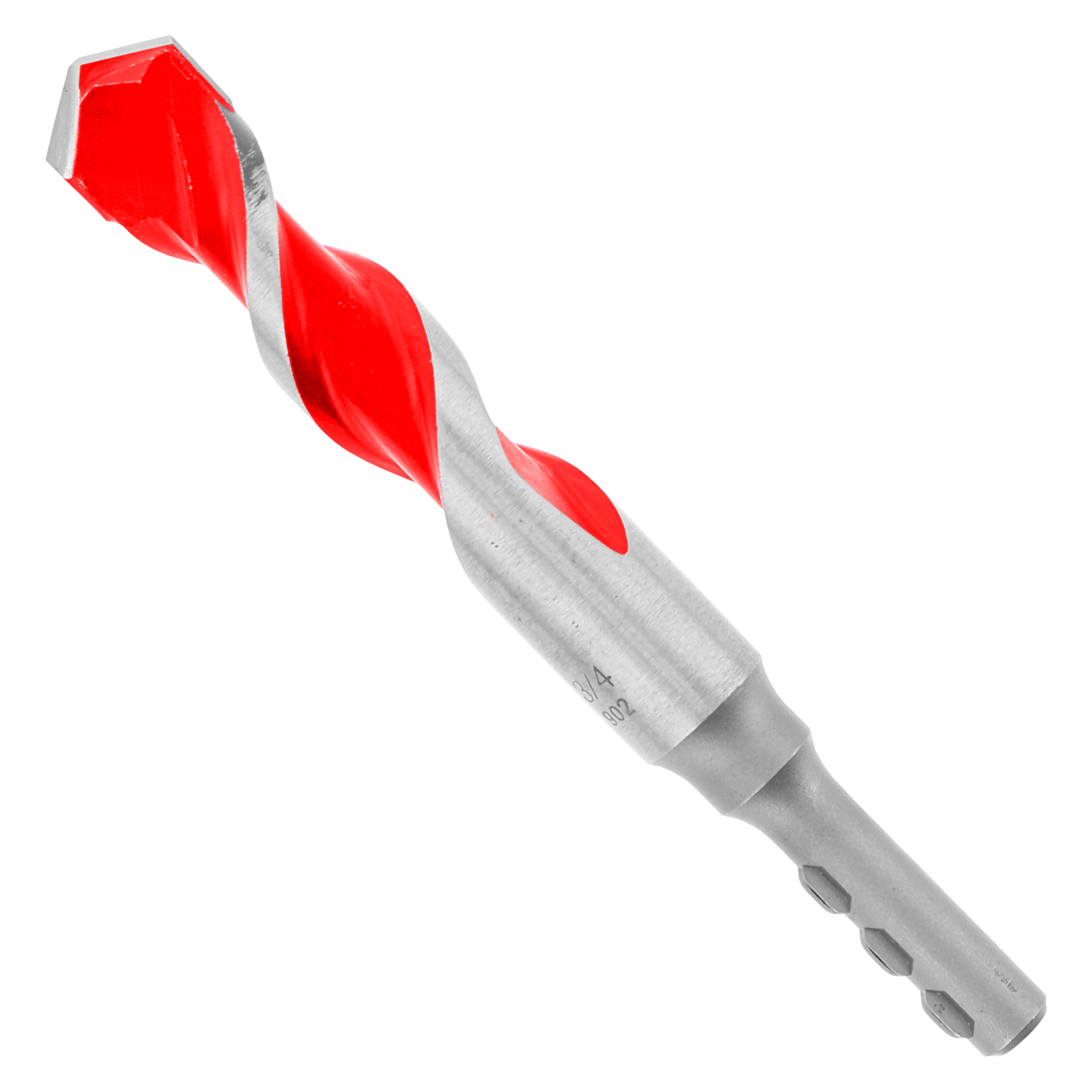 Red and gray carbide-tipped hammer drill bit with spiral flutes and hexagonal shank.
