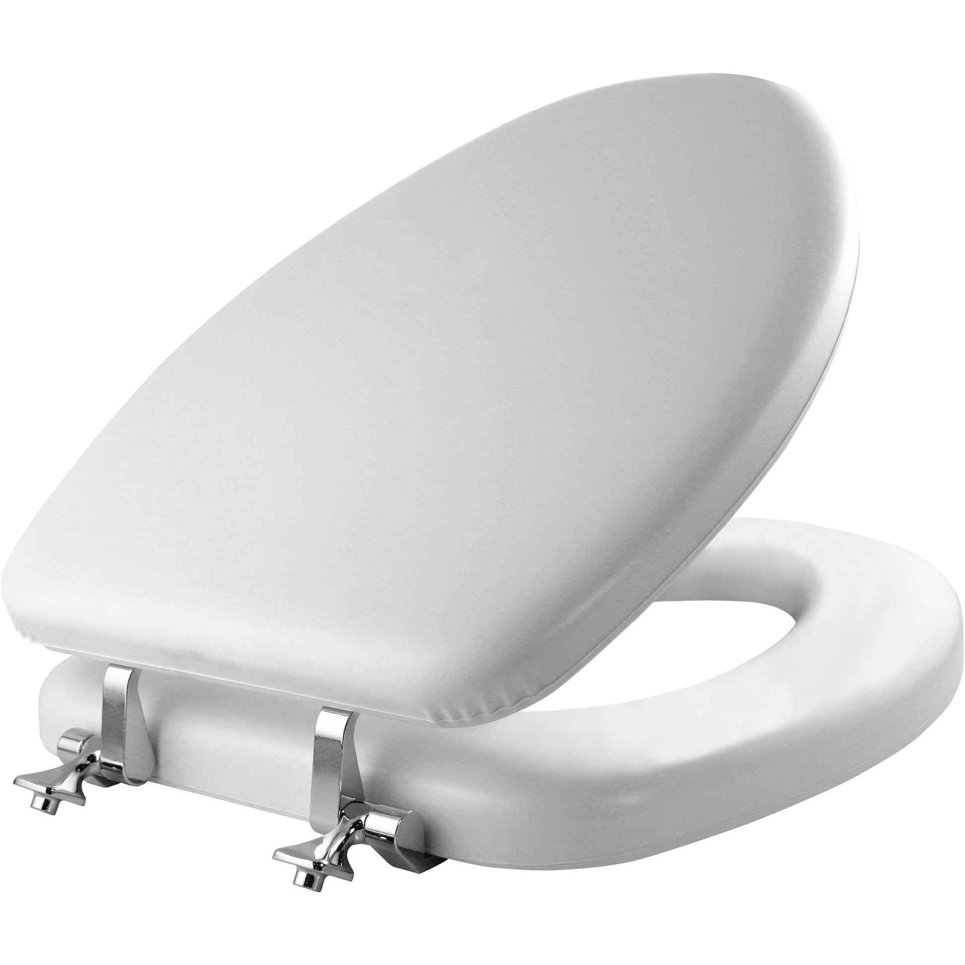 White elongated toilet seat with padded vinyl cushioning and chrome hinges, shown in open position.