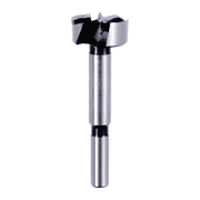 Silver and black Forstner bit with cylindrical shaft and flat cutting head with four spurs.