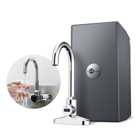 Chrome instant warm water dispenser with curved spout and gray storage unit shown with inset detail of running water over han