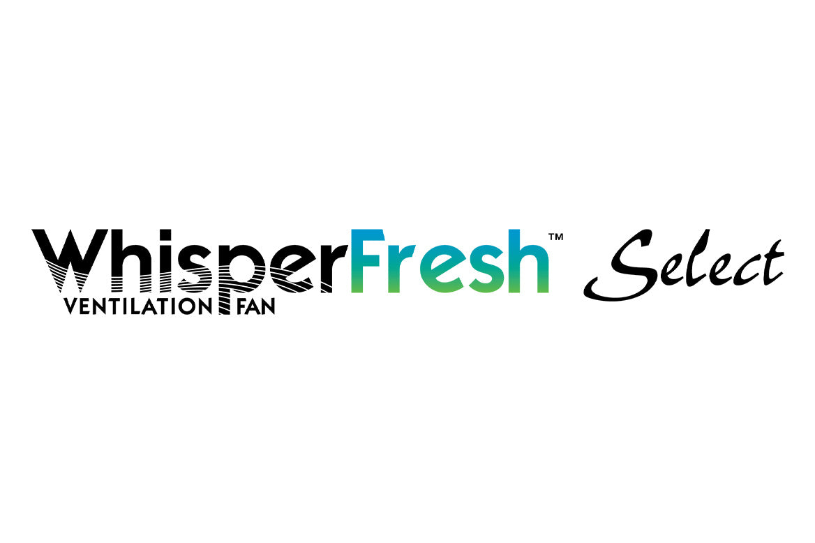 WhisperFresh Select ventilation fan logo in black, blue, and green text on white background.