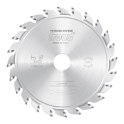 Freud 125mm split scoring saw blade with multiple carbide teeth and central arbor hole, made in Italy.