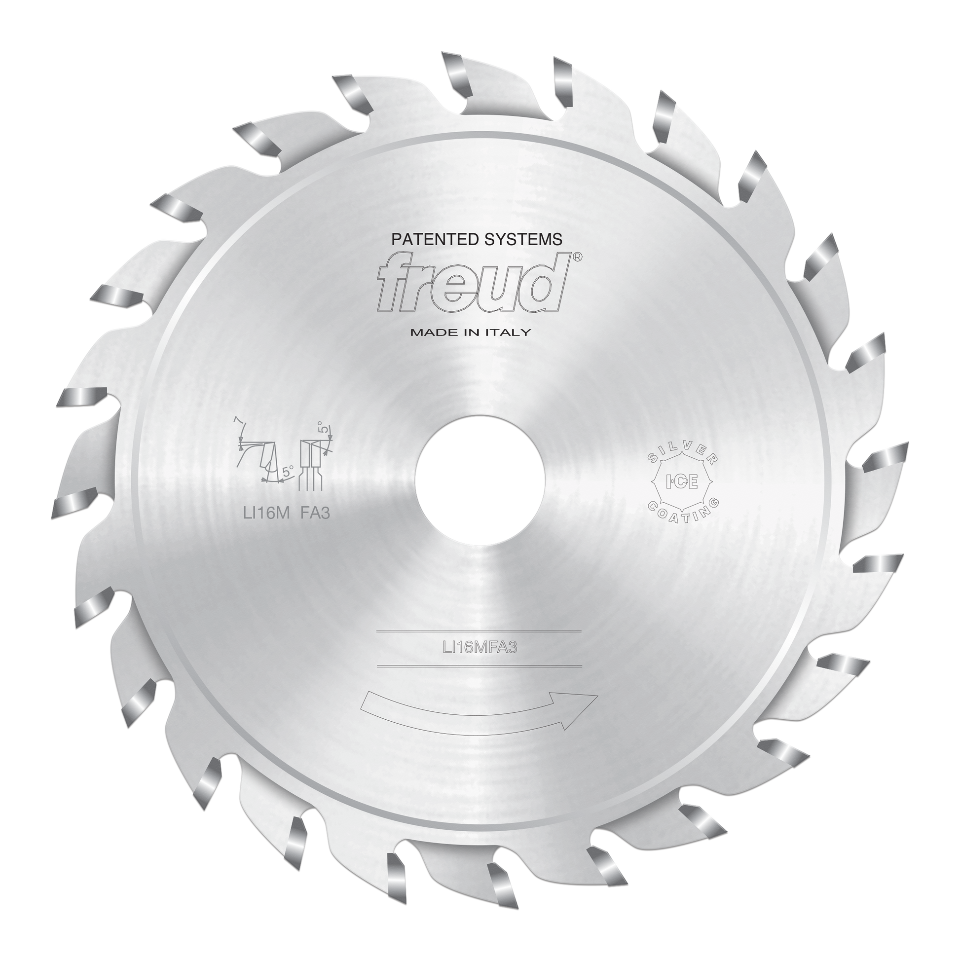 Freud 125mm split scoring saw blade with multiple carbide teeth and central arbor hole, made in Italy.