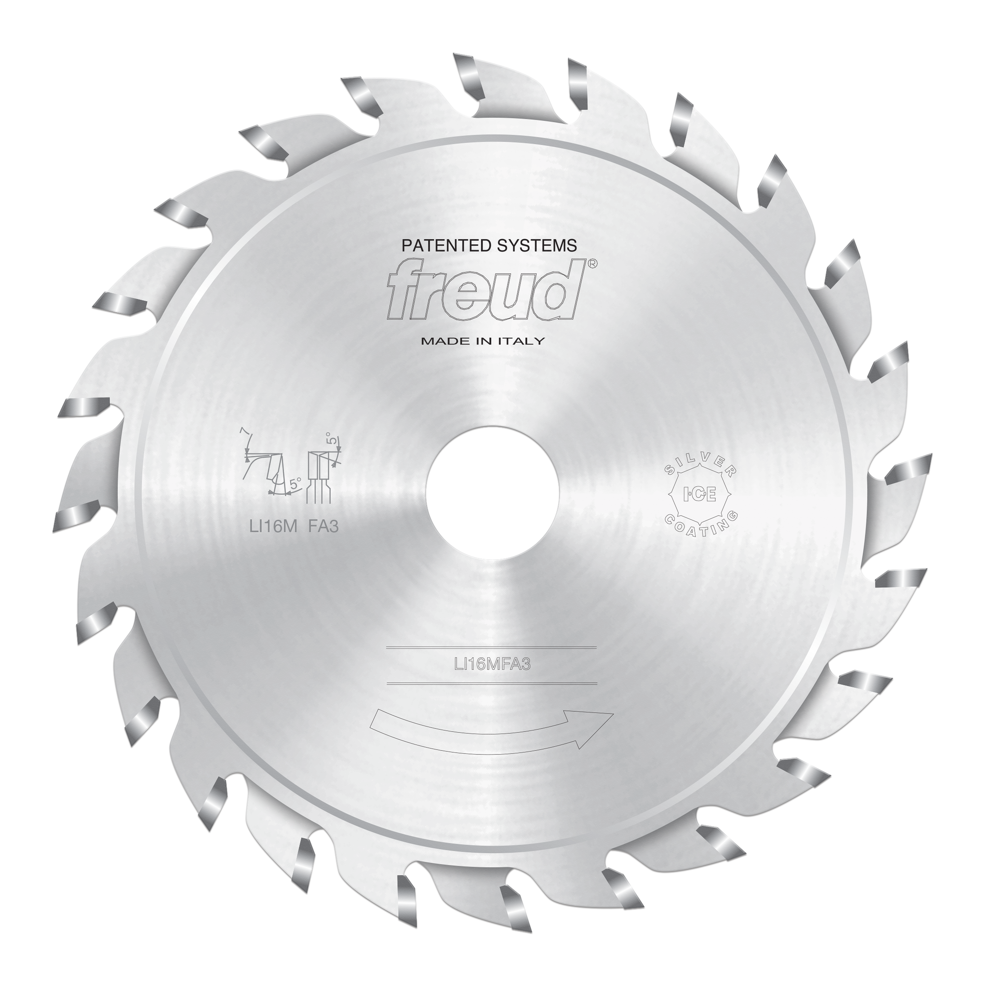 Freud 125mm split scoring saw blade with multiple carbide teeth and central arbor hole, made in Italy.