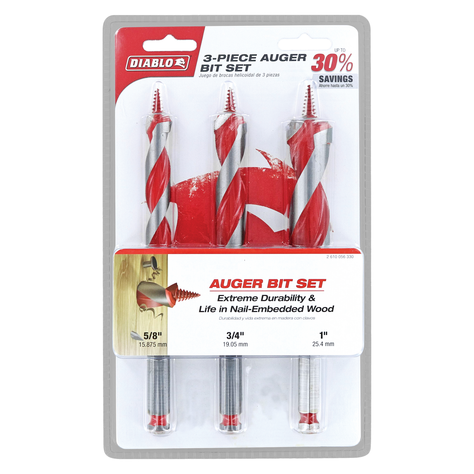 Three Diablo auger bits with red and silver twisted flutes in sizes 5/8", 3/4", and 1" on retail packaging.