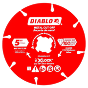 Red 5-inch diamond rimmed metal cut-off disc with white center hole and X-Lock arbor specifications printed on surface.