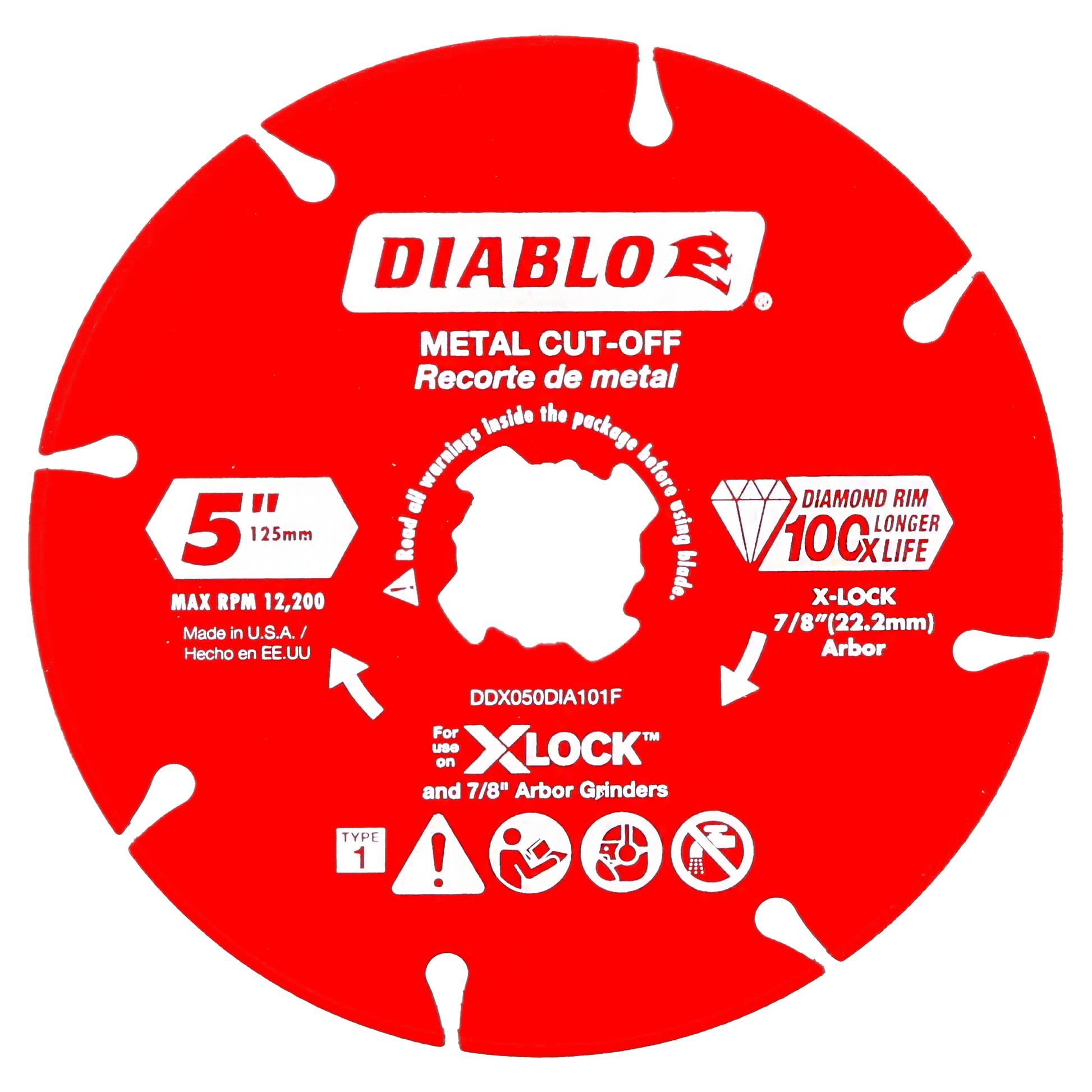 Red 5-inch diamond rimmed metal cut-off disc with white center hole and X-Lock arbor specifications printed on surface.