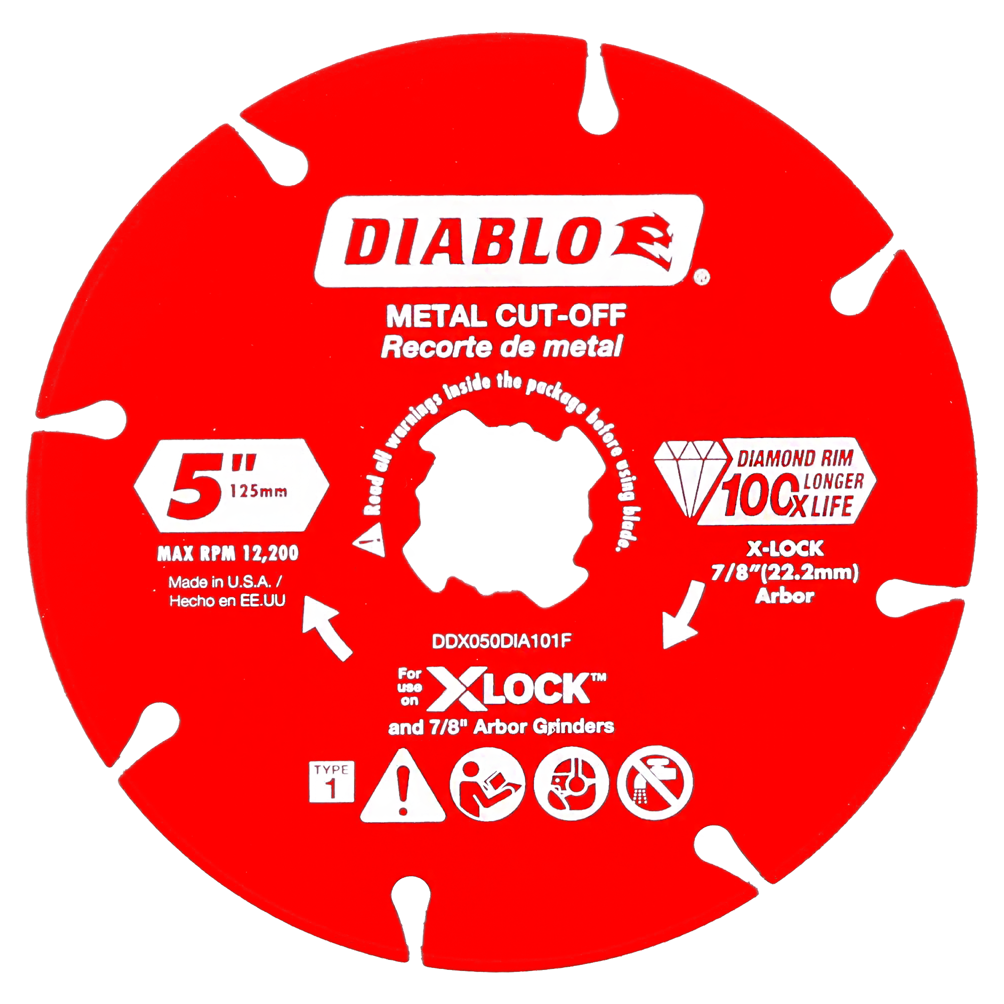 Red 5-inch diamond rimmed metal cut-off disc with white center hole and X-Lock arbor specifications printed on surface.