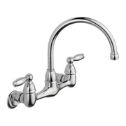 Chrome wall-mounted kitchen faucet with two lever handles and high curved spout.