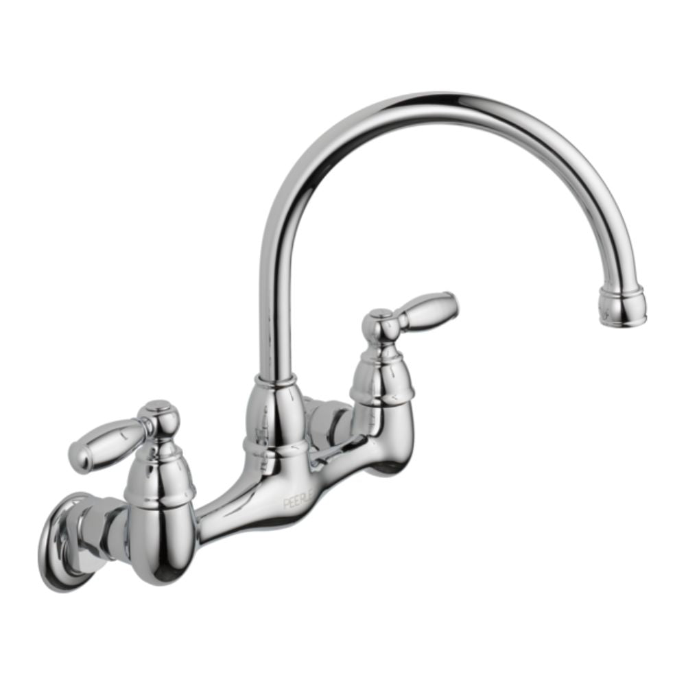 Chrome wall-mounted kitchen faucet with two lever handles and high curved spout.
