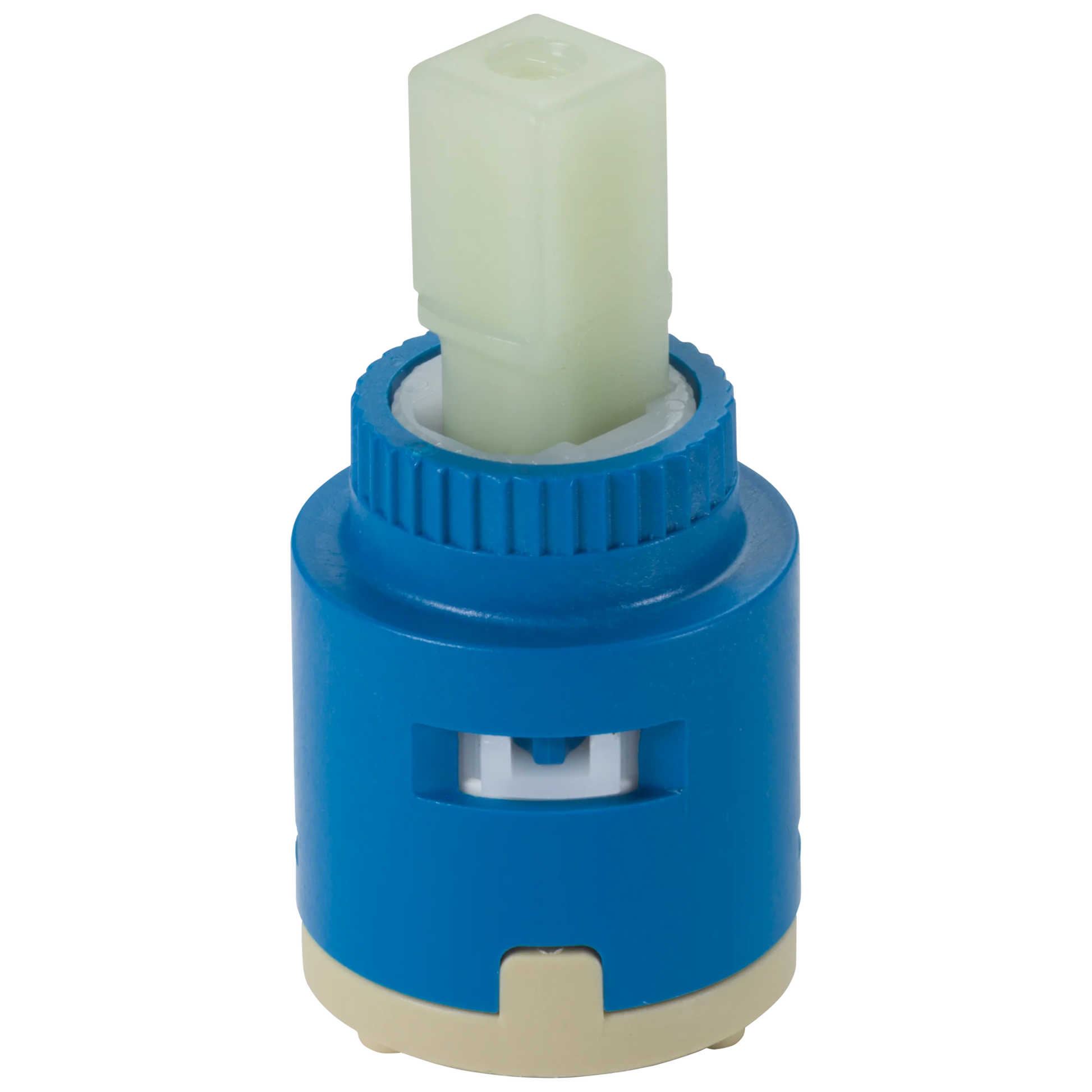 Blue and cream valve cartridge with pale green stem insert and threaded cap.